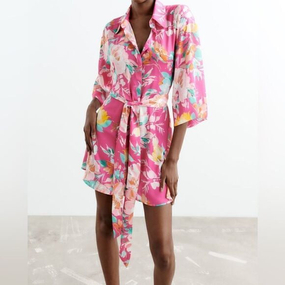 Zara PRINTED SATIN EFFECT SHIRTDRESS - Picture 7 of 9